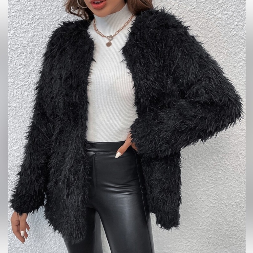 Cozy Faux Vegan Fur Open Front Jacket Coat Hot Pink - Picture 14 of 14